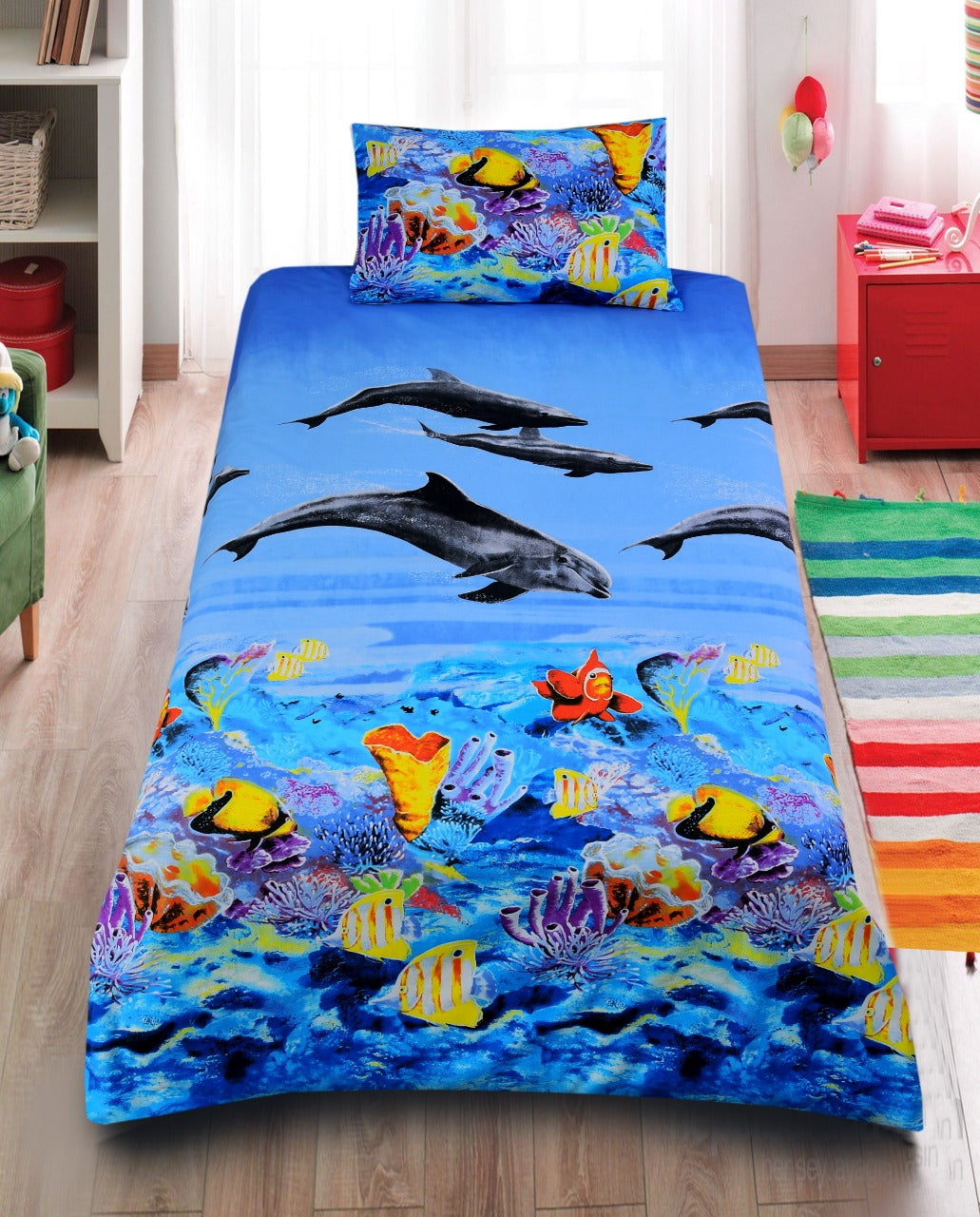 Junior Single Bed Sheet -(4094) Dolphin single bed sheet Apricot   