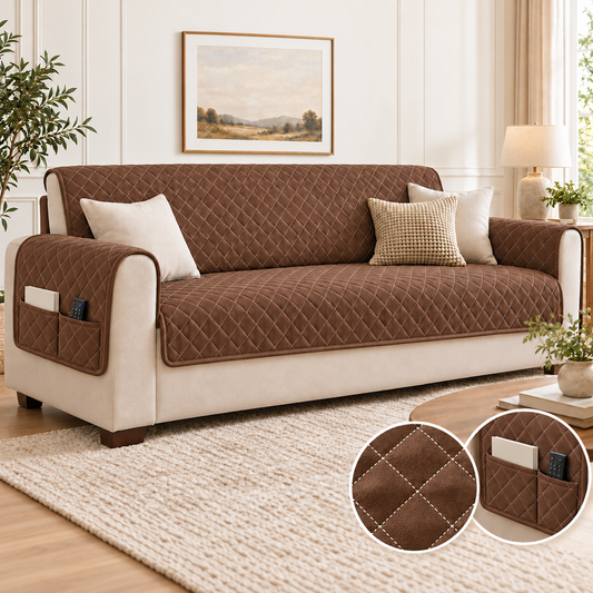 Quilted Sofa Cover- Chocolate Brown Sofa Cover Apricot