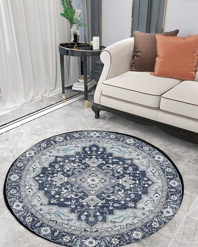 Living Room Rug 100 CM Round-Navy Blue Boho(316)  Apricot   