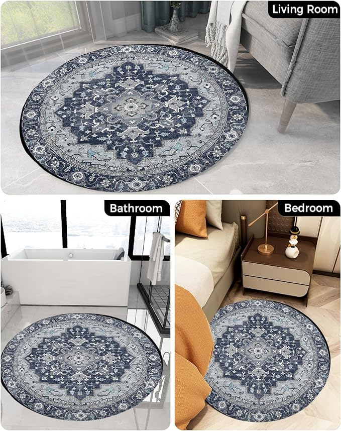 Living Room Rug 100 CM Round-Navy Blue Boho(316)  Apricot   