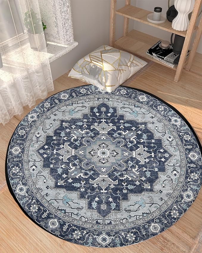 Living Room Rug 100 CM Round-Navy Blue Boho(316)  Apricot   