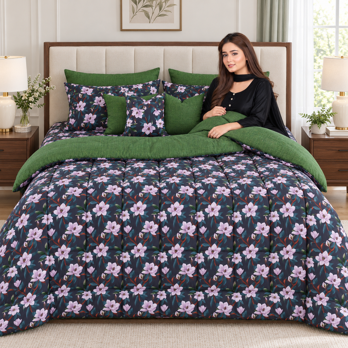 8 PCs Winter Razai Set-Snowy Petal Comforters Apricot