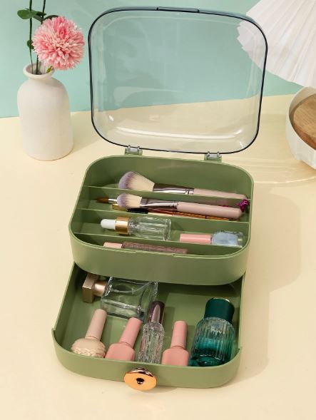 Makeup and Eye Shadow Box with Lid-(5344)Green Cosmetic Organizer Apricot   