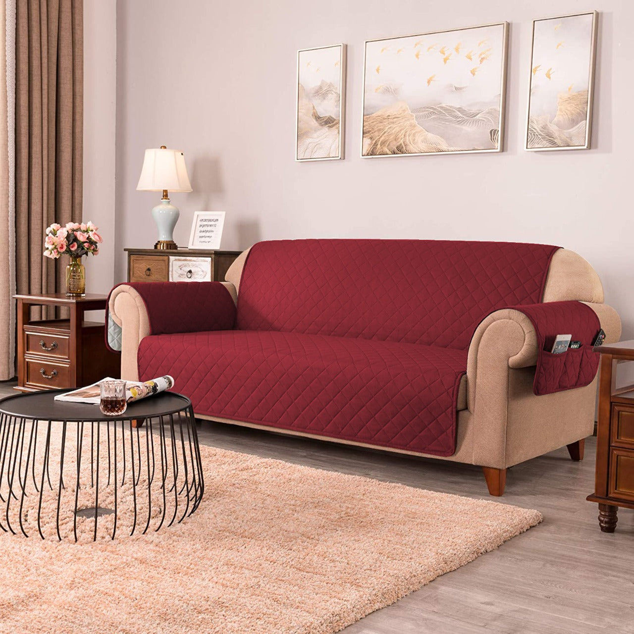 Quilted Sofa Cover-Maroon Sofa Cover Apricot