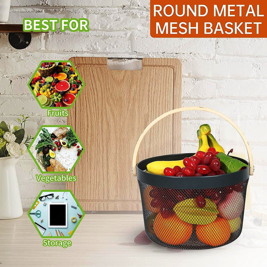 Mesh Steel Basket with Wooden Handle-Round Black Fruit Baskets Apricot   