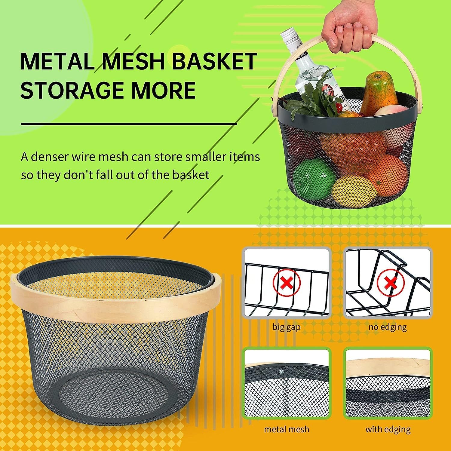 Mesh Steel Basket with Wooden Handle-Round Black Apricot