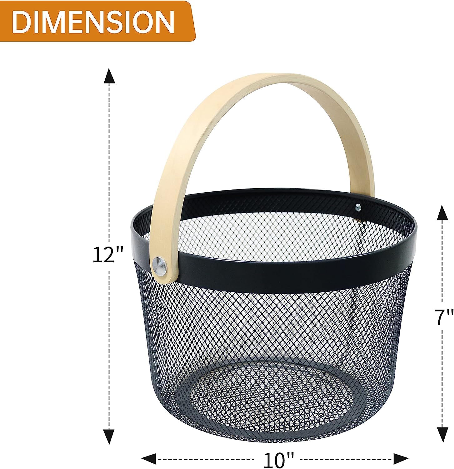 Mesh Steel Basket with Wooden Handle-Round Black Apricot