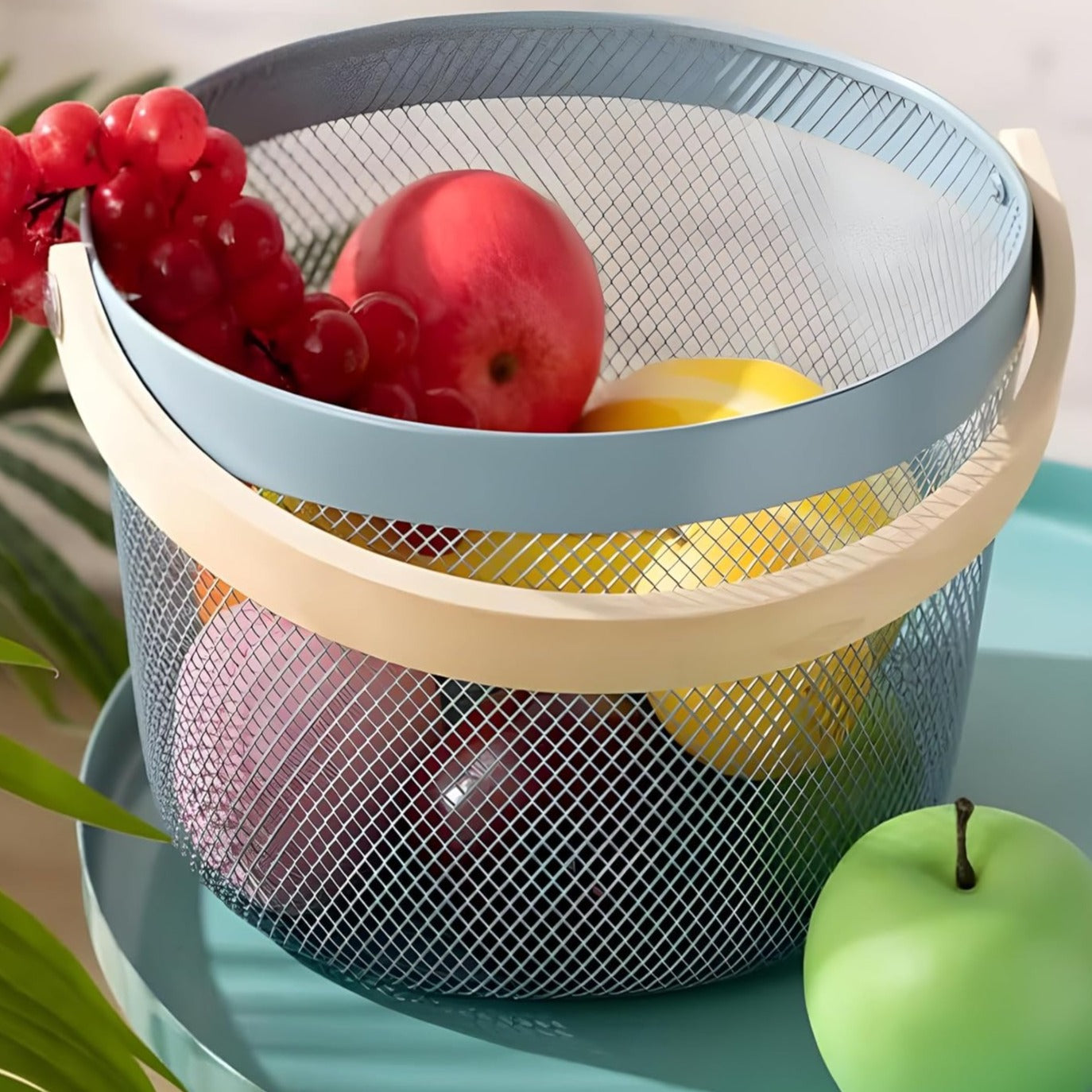 Mesh Steel Basket with Wooden Handle-Round Grey Fruit Baskets Apricot   