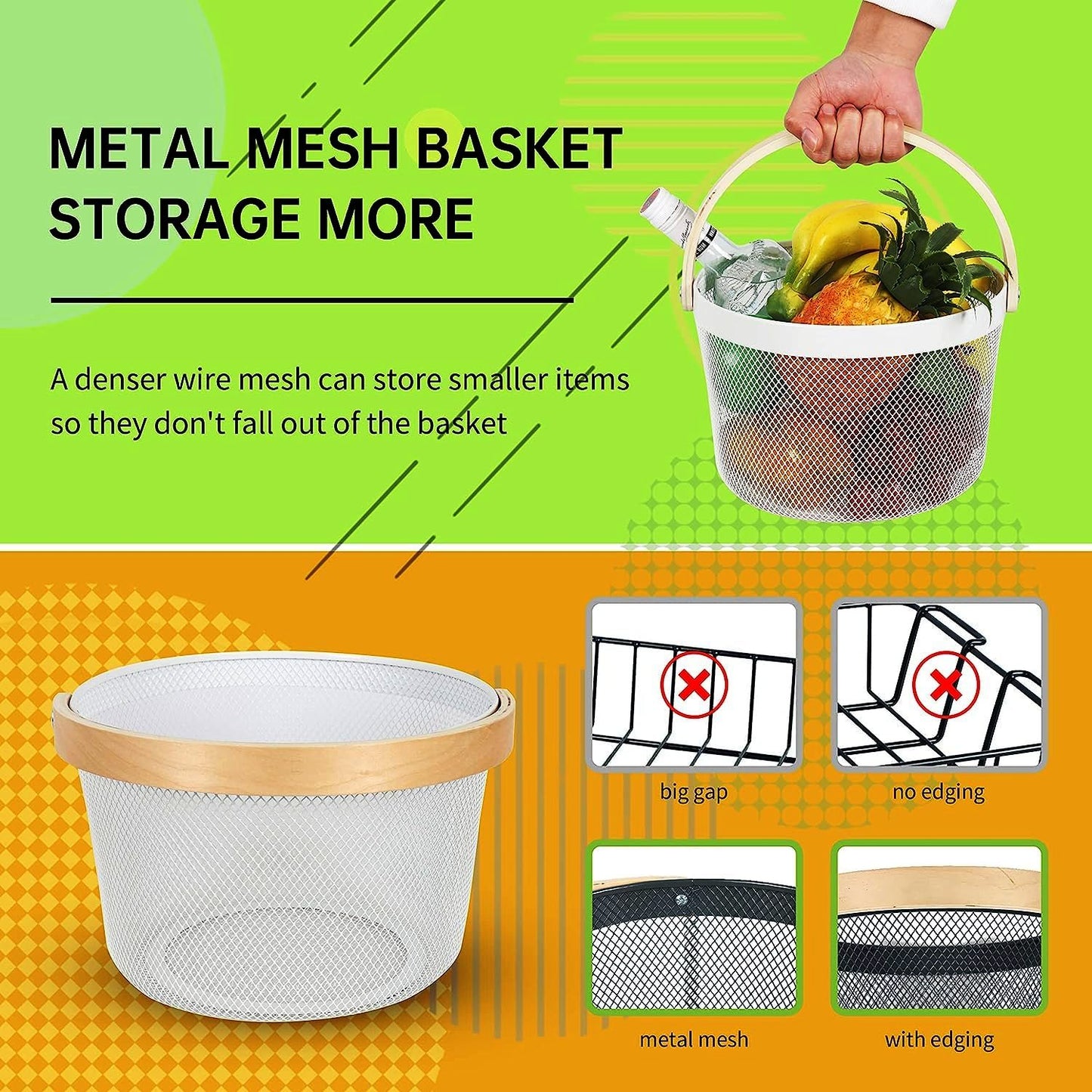 Mesh Steel Basket with Wooden Handle-Round White Fruit Baskets Apricot   