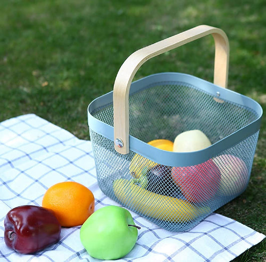 Mesh Steel Basket with Wooden Handle-Square Blue Fruit Baskets Apricot   