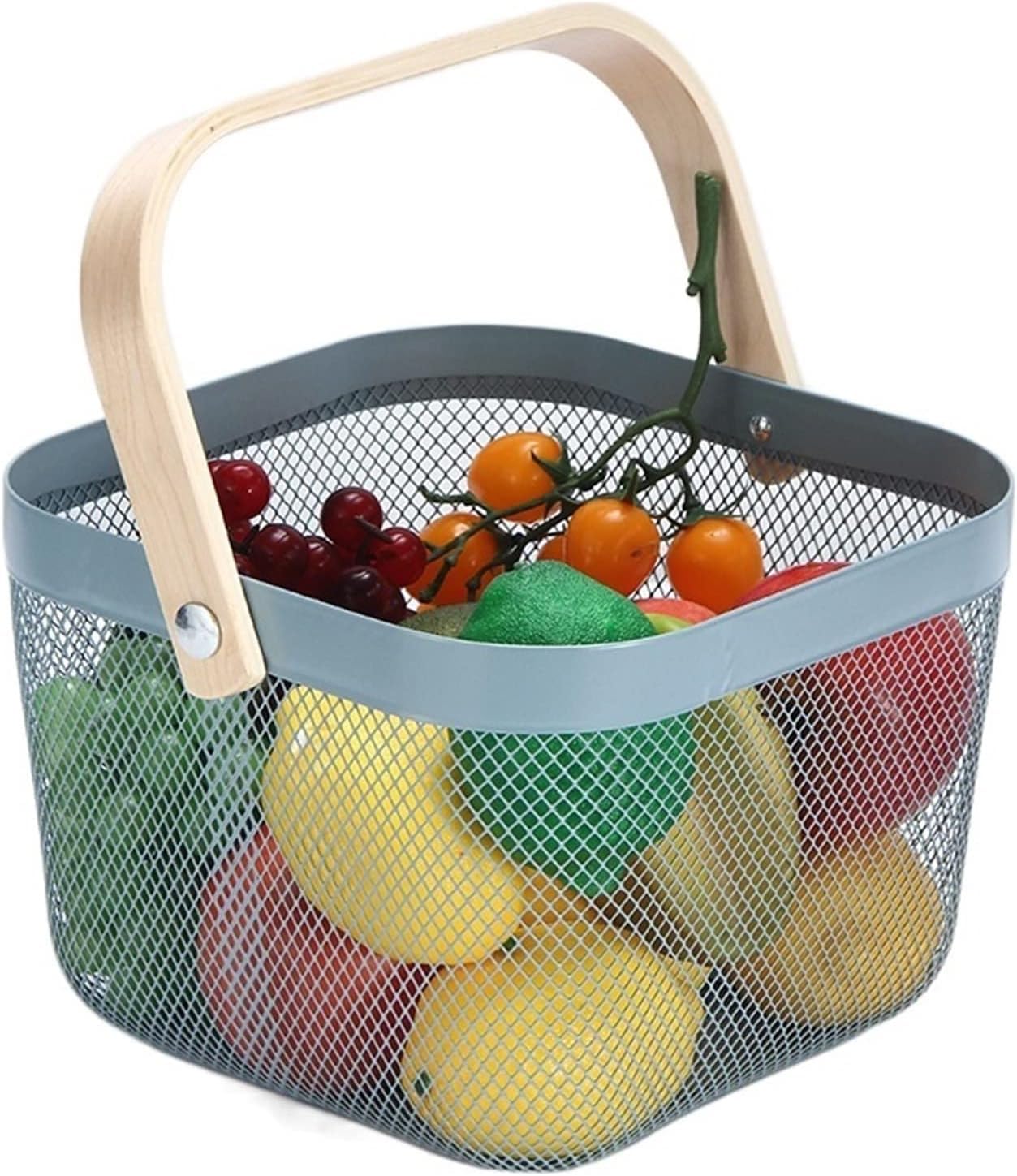 Mesh Steel Basket with Wooden Handle-Square Blue Fruit Baskets Apricot   