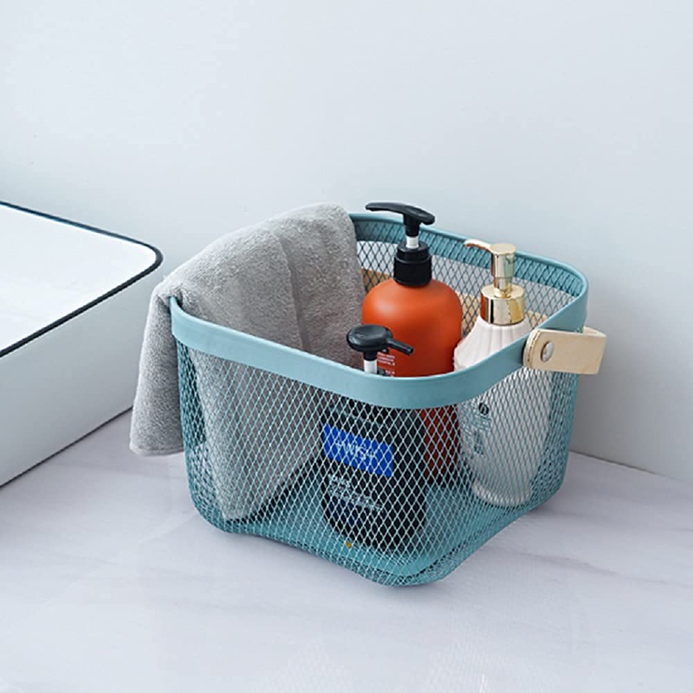 Mesh Steel Basket with Wooden Handle-Square Blue Fruit Baskets Apricot   