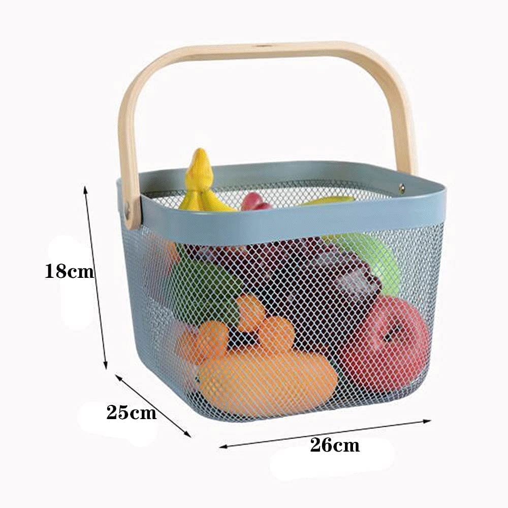 Mesh Steel Basket with Wooden Handle-Square Blue Fruit Baskets Apricot   