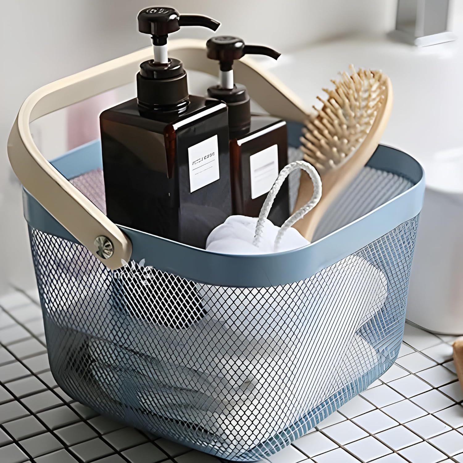 Mesh Steel Basket with Wooden Handle-Square Blue Fruit Baskets Apricot   