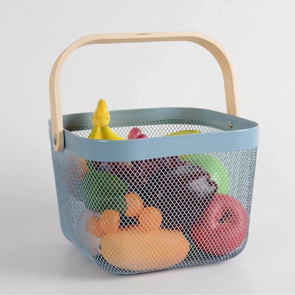 Mesh Steel Basket with Wooden Handle-Square Blue Fruit Baskets Apricot   