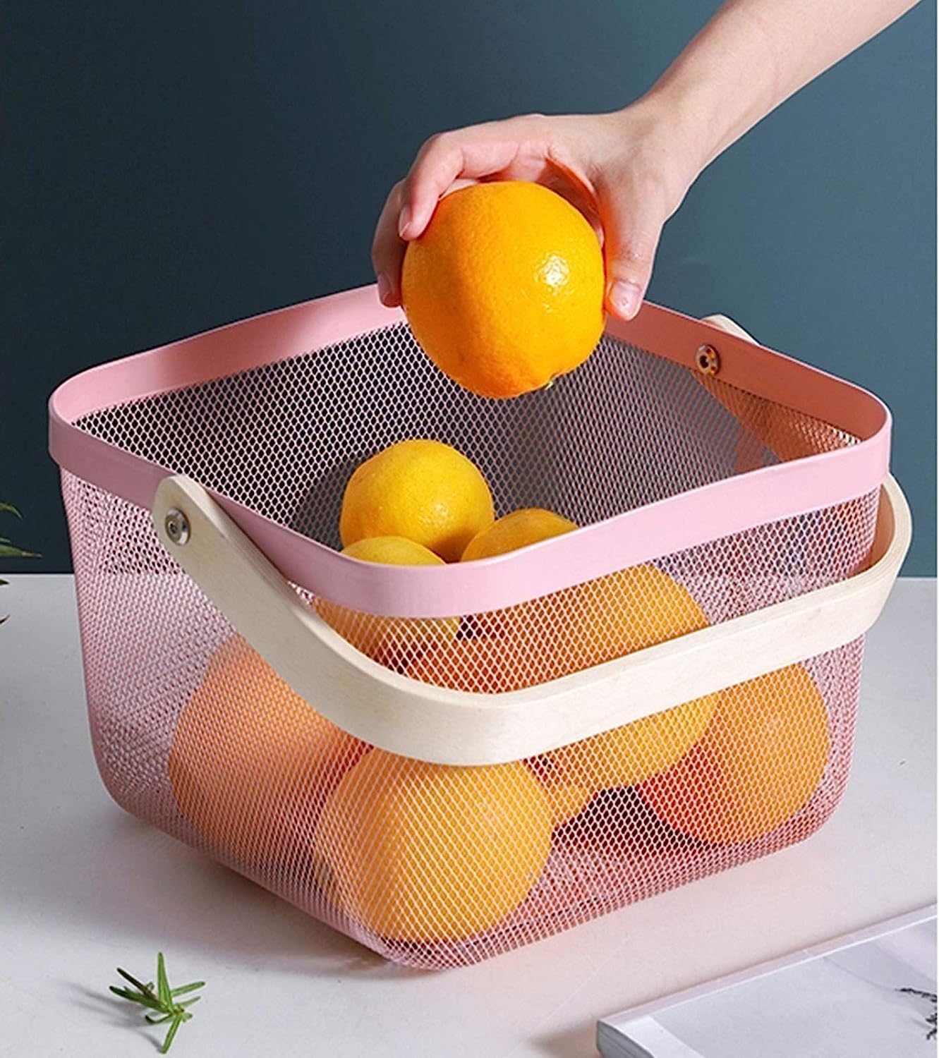 Mesh Steel Basket with Wooden Handle-Square Pink Fruit Baskets Apricot   