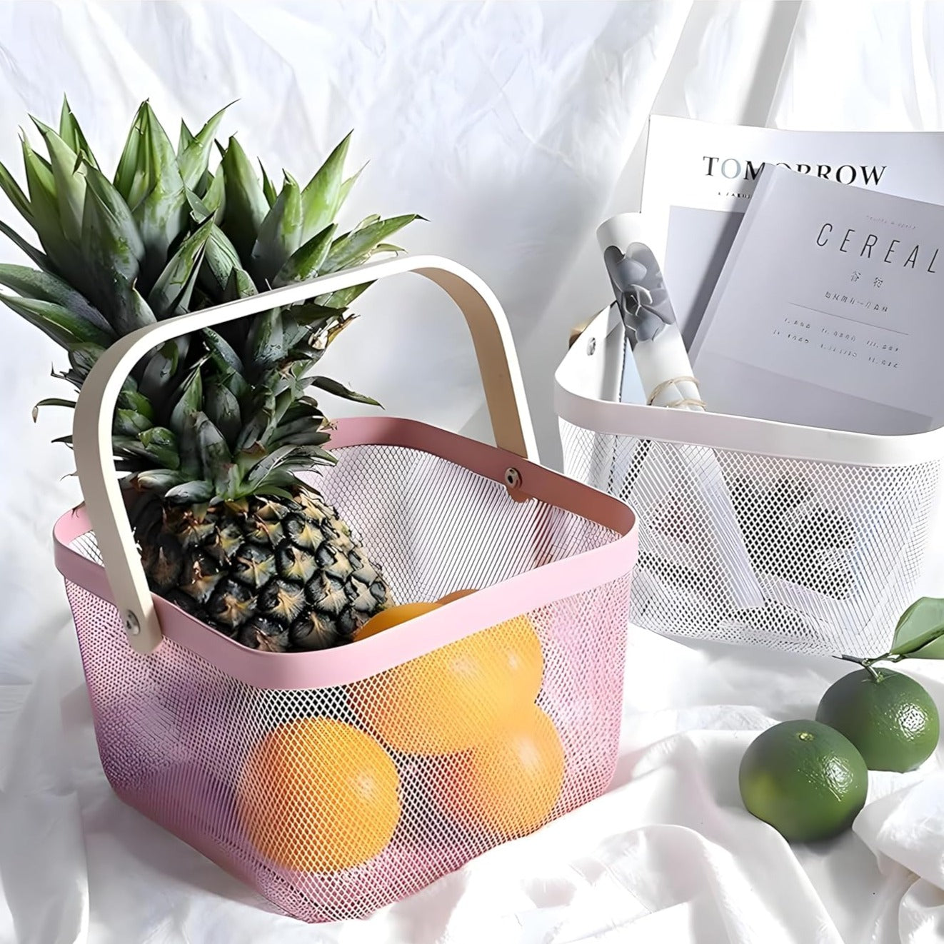 Mesh Steel Basket with Wooden Handle-Square Pink Fruit Baskets Apricot   