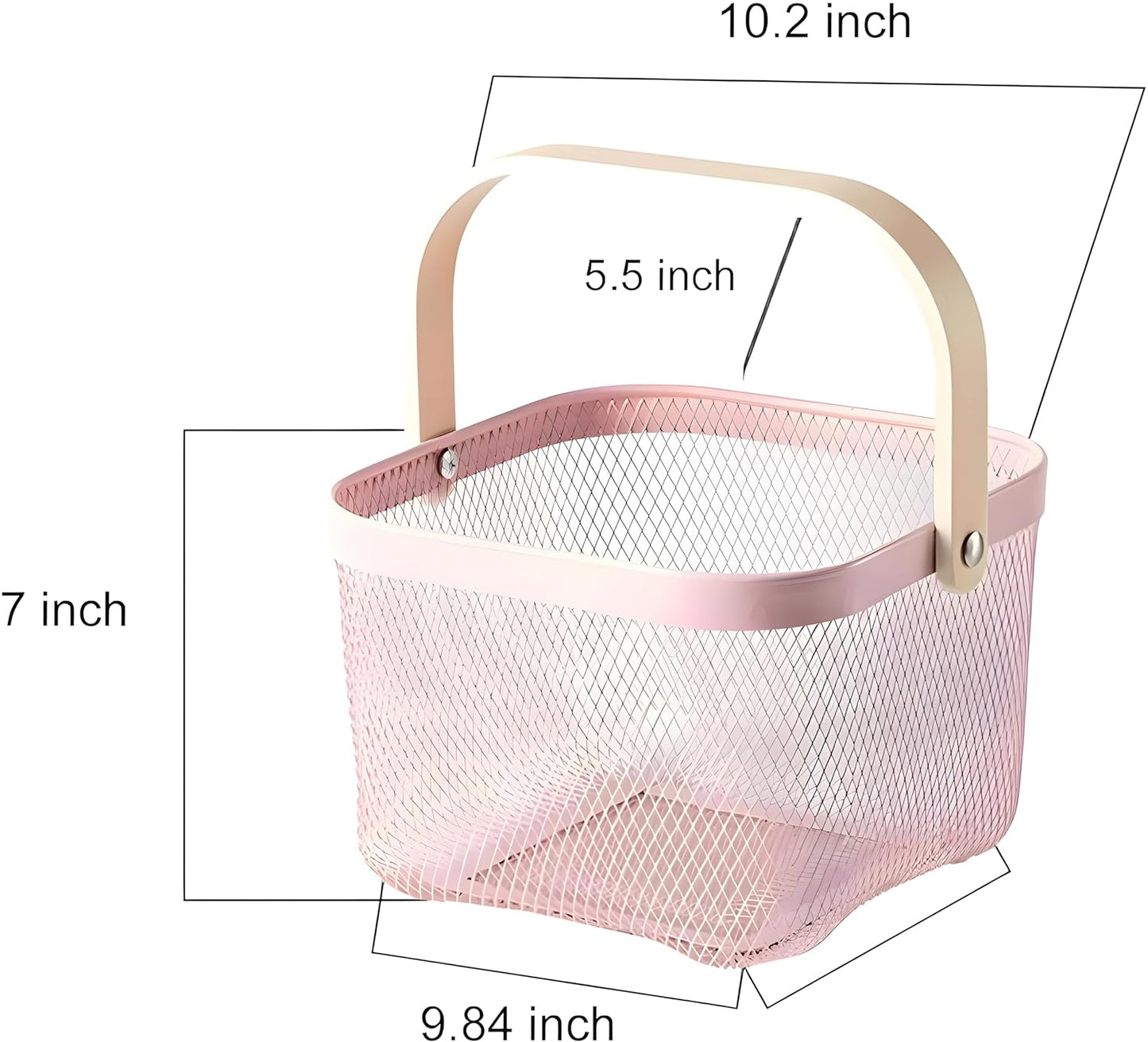 Mesh Steel Basket with Wooden Handle-Square Pink Fruit Baskets Apricot   