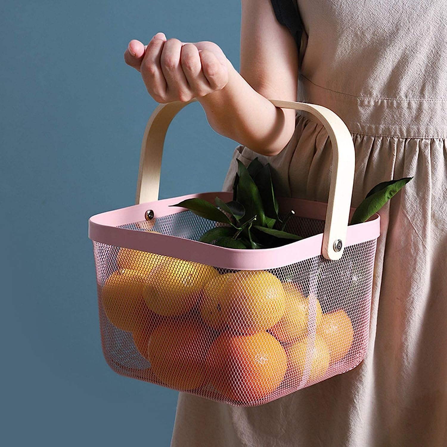 Mesh Steel Basket with Wooden Handle-Square Pink Fruit Baskets Apricot   