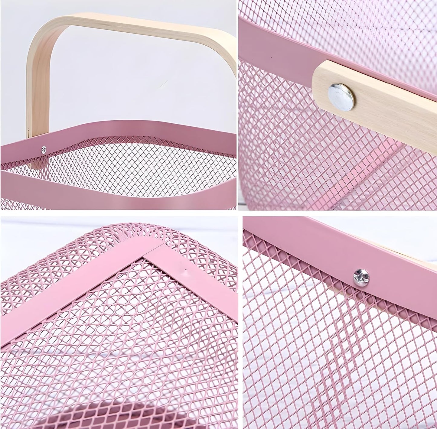 Mesh Steel Basket with Wooden Handle-Square Pink Fruit Baskets Apricot   