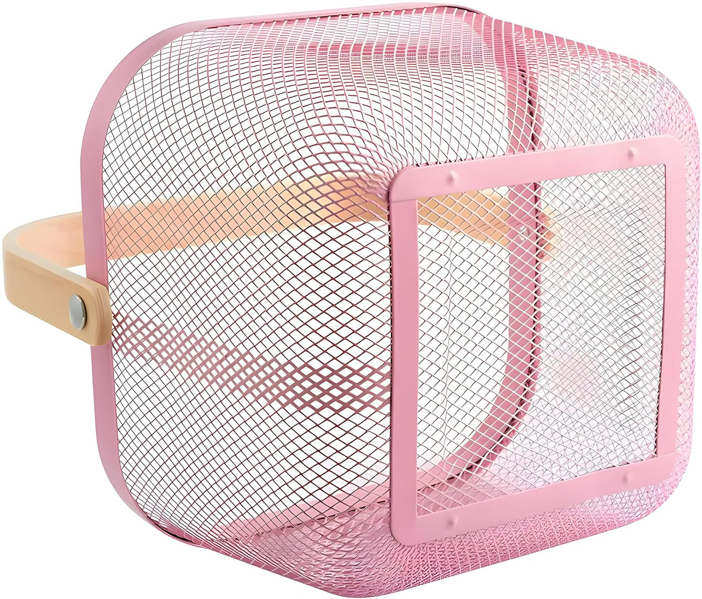 Mesh Steel Basket with Wooden Handle-Square Pink Fruit Baskets Apricot   