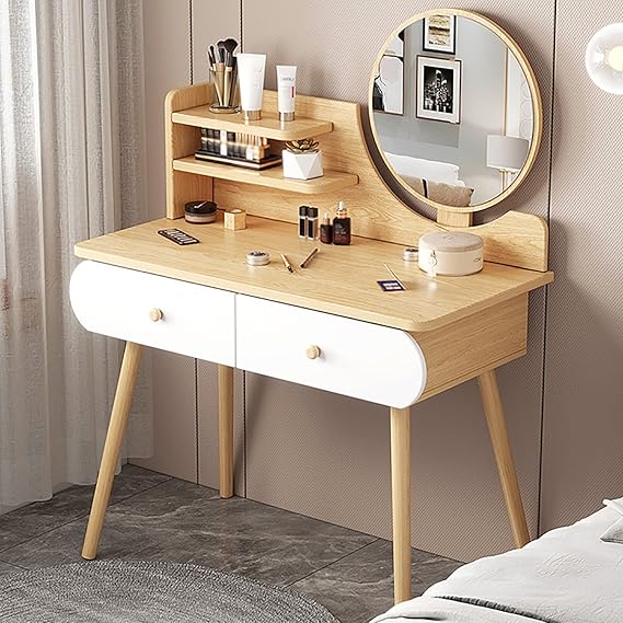 Modern Dresser Dressing Table Makeup Vanity Table with Mirror Set-Wooden  Apricot   