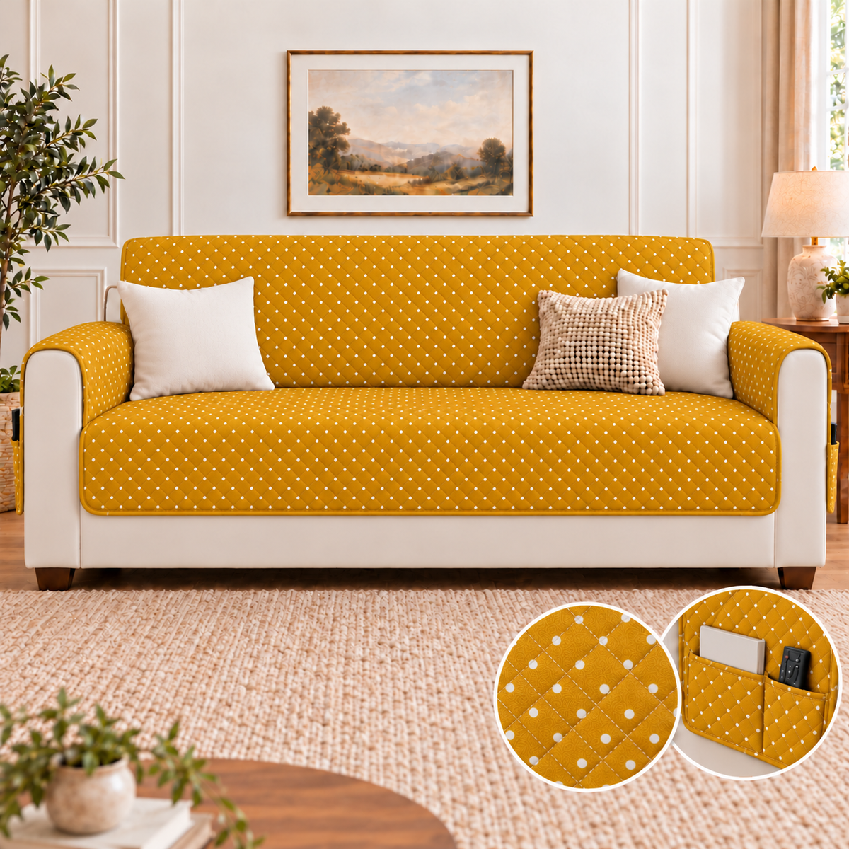 Sofa Cover-Mustard Polka With Pockets Sofa Cover Apricot