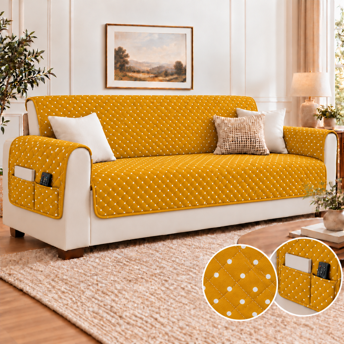 Sofa Cover-Mustard Polka With Pockets Sofa Cover Apricot