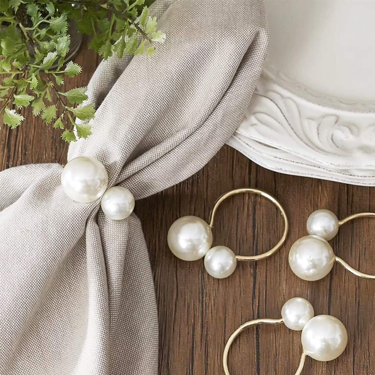 Napkin Holder Rings-Silver Pearls Kitchen Apricot   