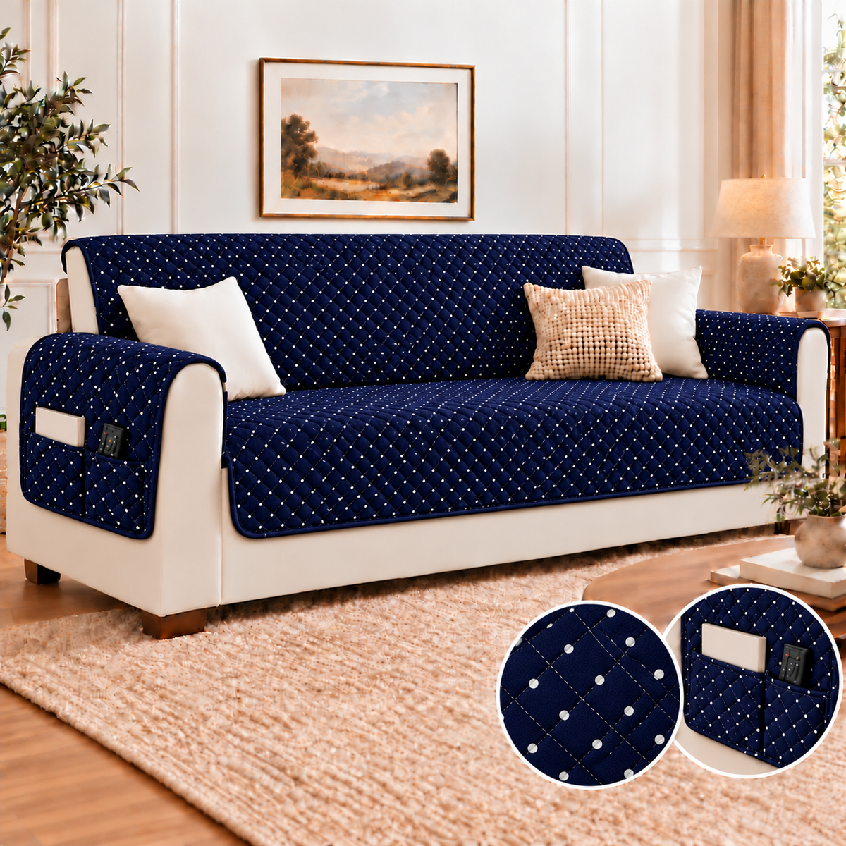 Sofa Cover-Blue Polka With Pockets Sofa Cover Apricot