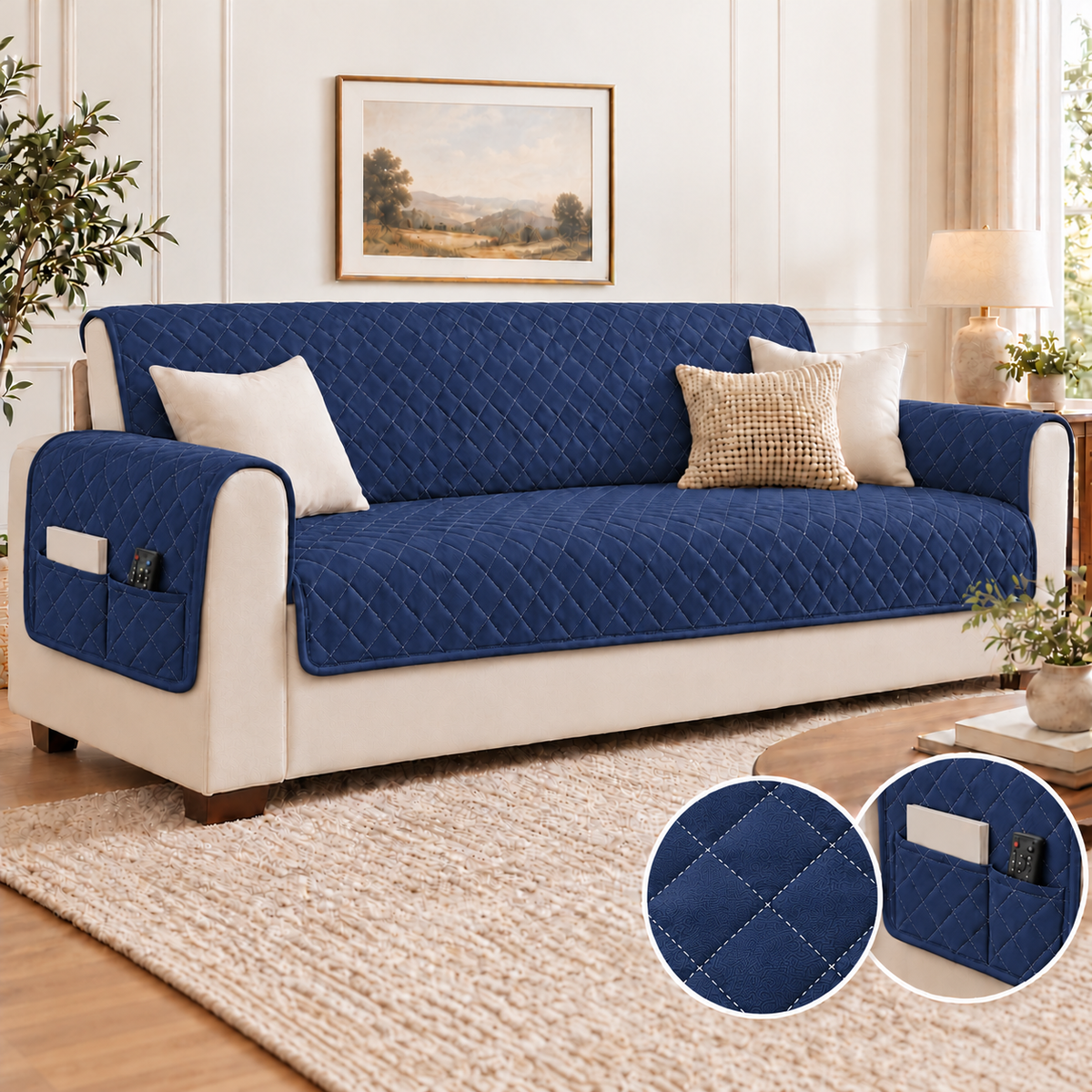 Ultrasonic Quilted Sofa Cover-Navy Blue Sofa Cover Apricot