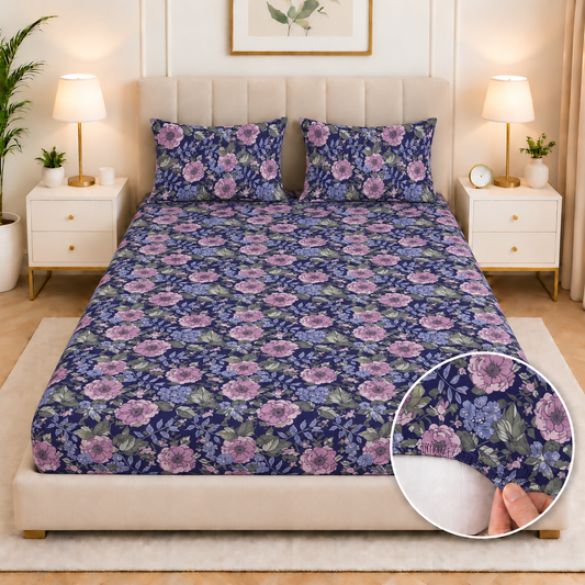 Percale Cotton Fitted Bed Sheet- Moonlit Blossom