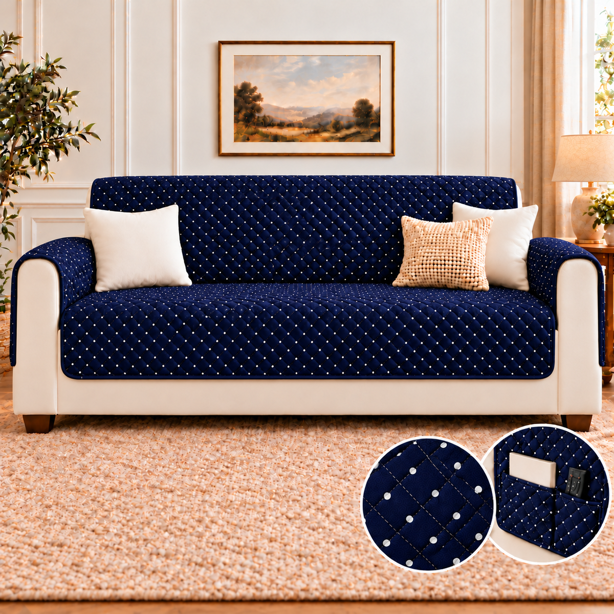 Sofa Cover-Blue Polka With Pockets Sofa Cover Apricot
