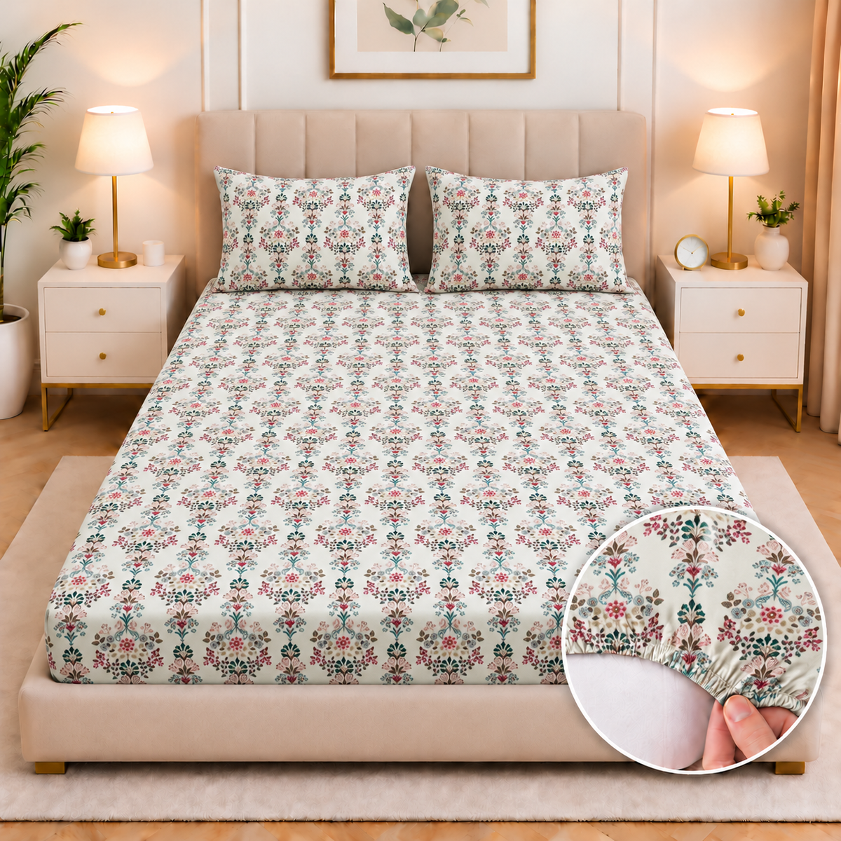 Cotton Fitted Bed Sheet- Rosette Charm Fitted Sheets Apricot