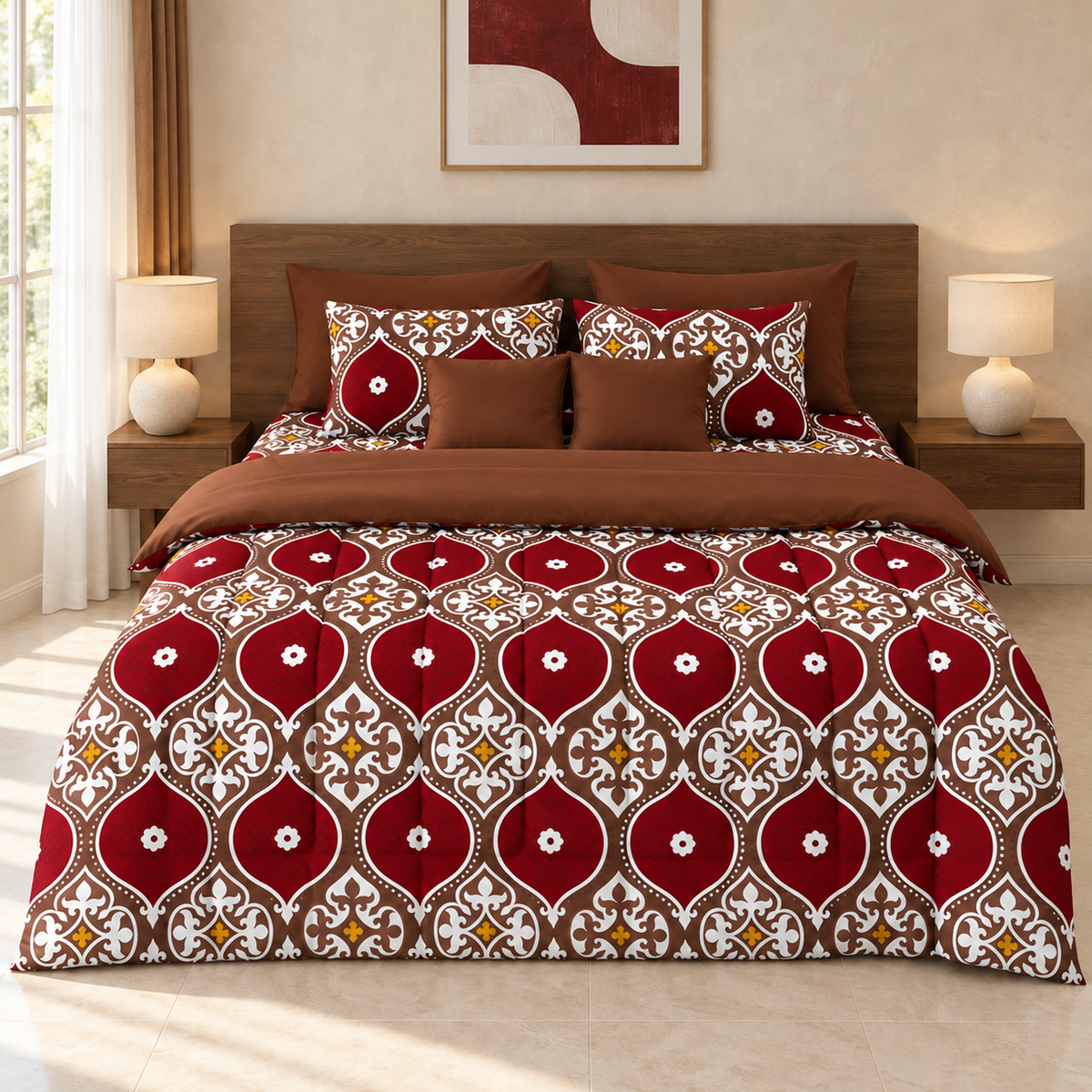 8 PCs Winter Comforter Set- Brown Crown Comforters Apricot