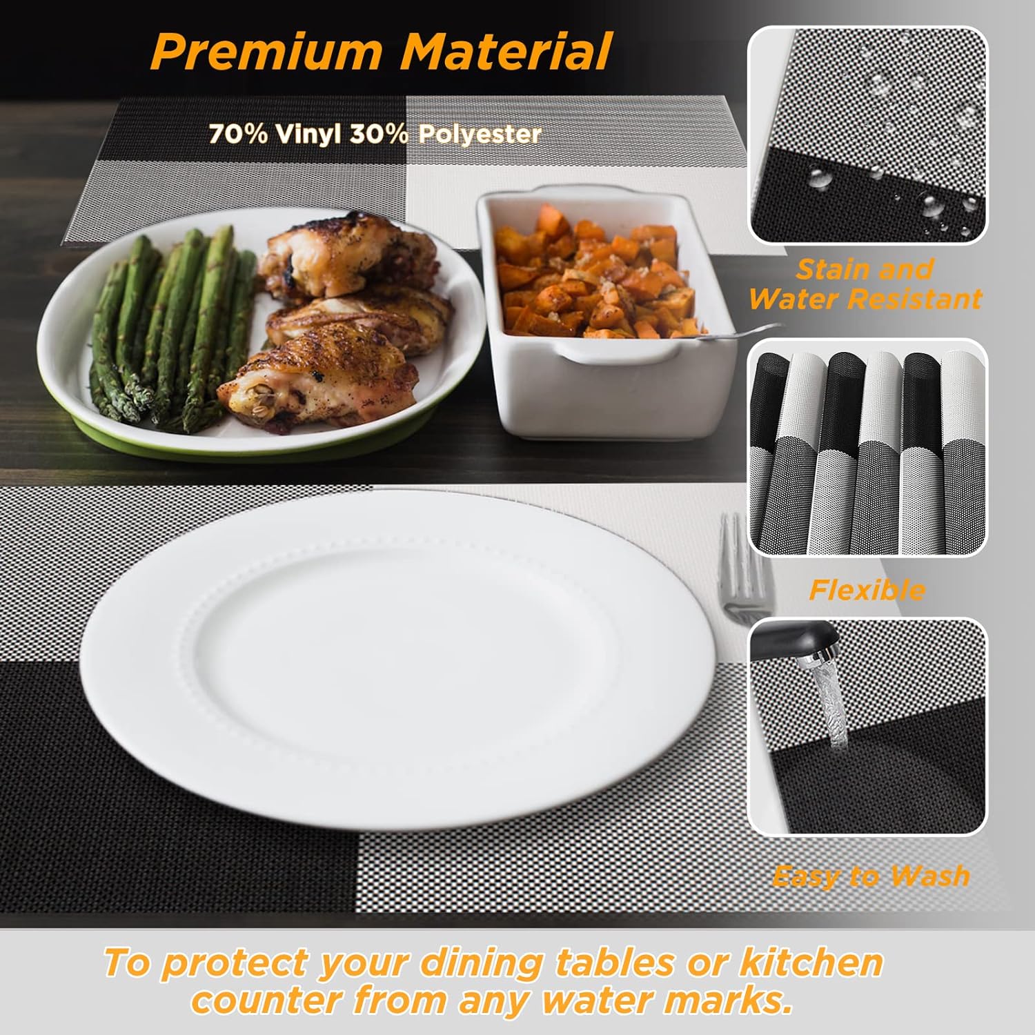 PVC Table Place Mats- Black Check Table Mats Apricot   