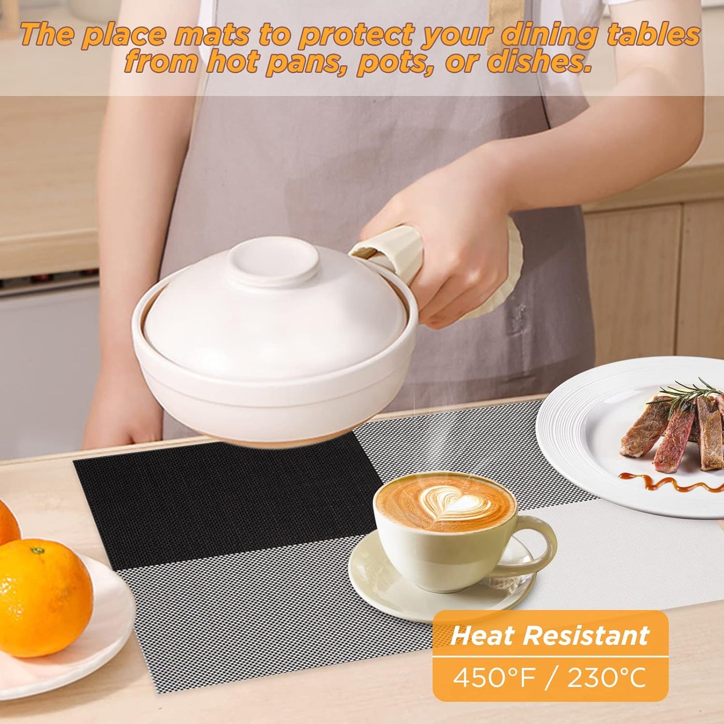 PVC Table Place Mats- Black Check Table Mats Apricot   