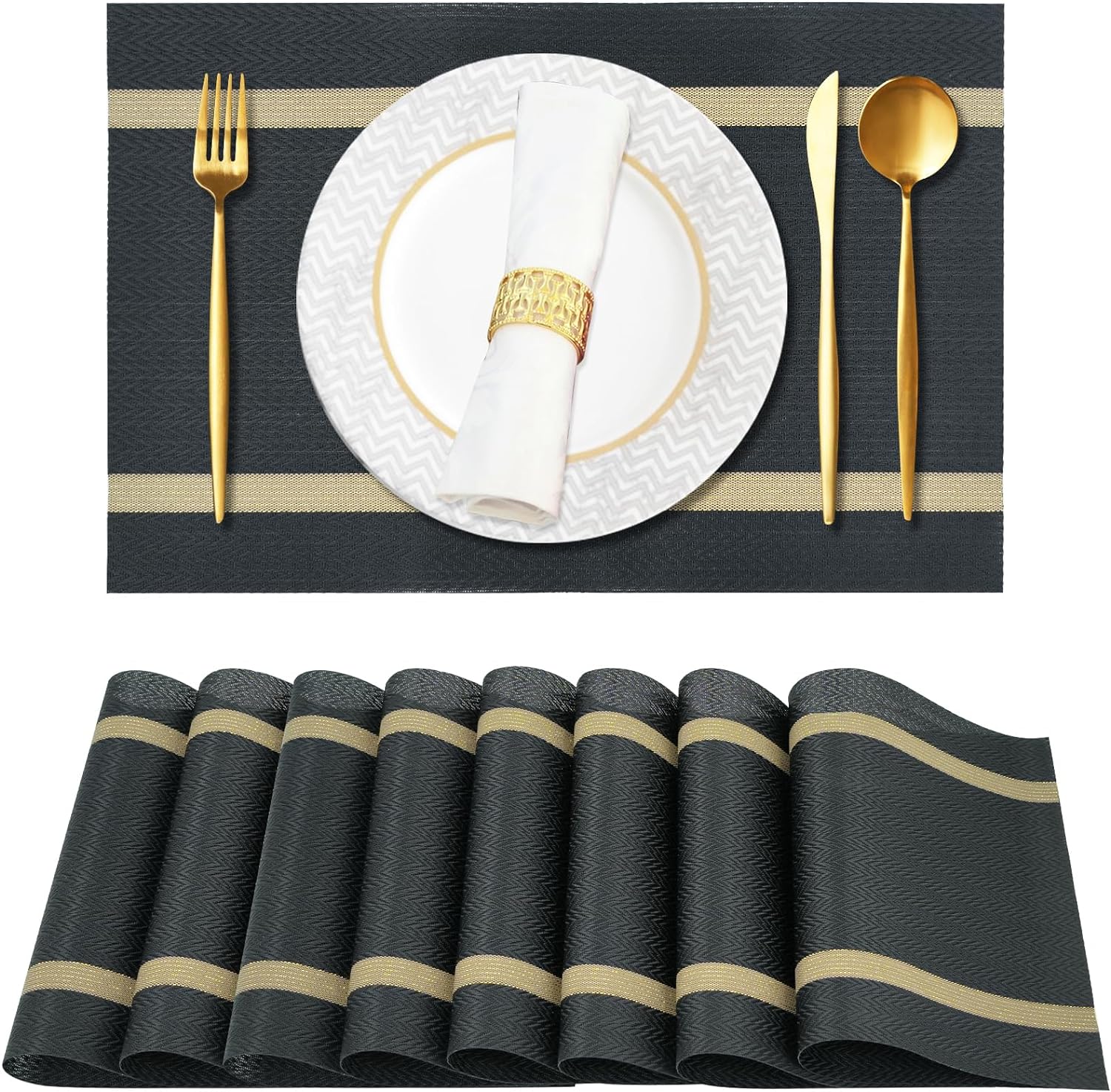 PVC Table Place Mats-Black Weaves Table Mats Apricot   