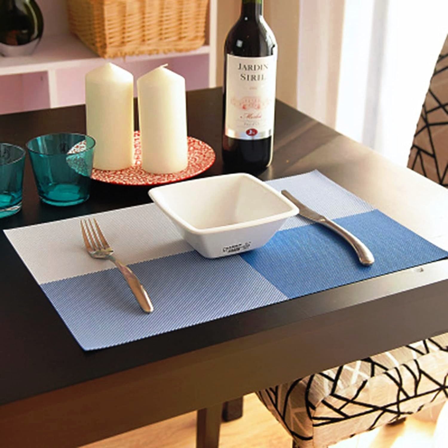 PVC Table Place Mats-Blue Check Table Mats Apricot   