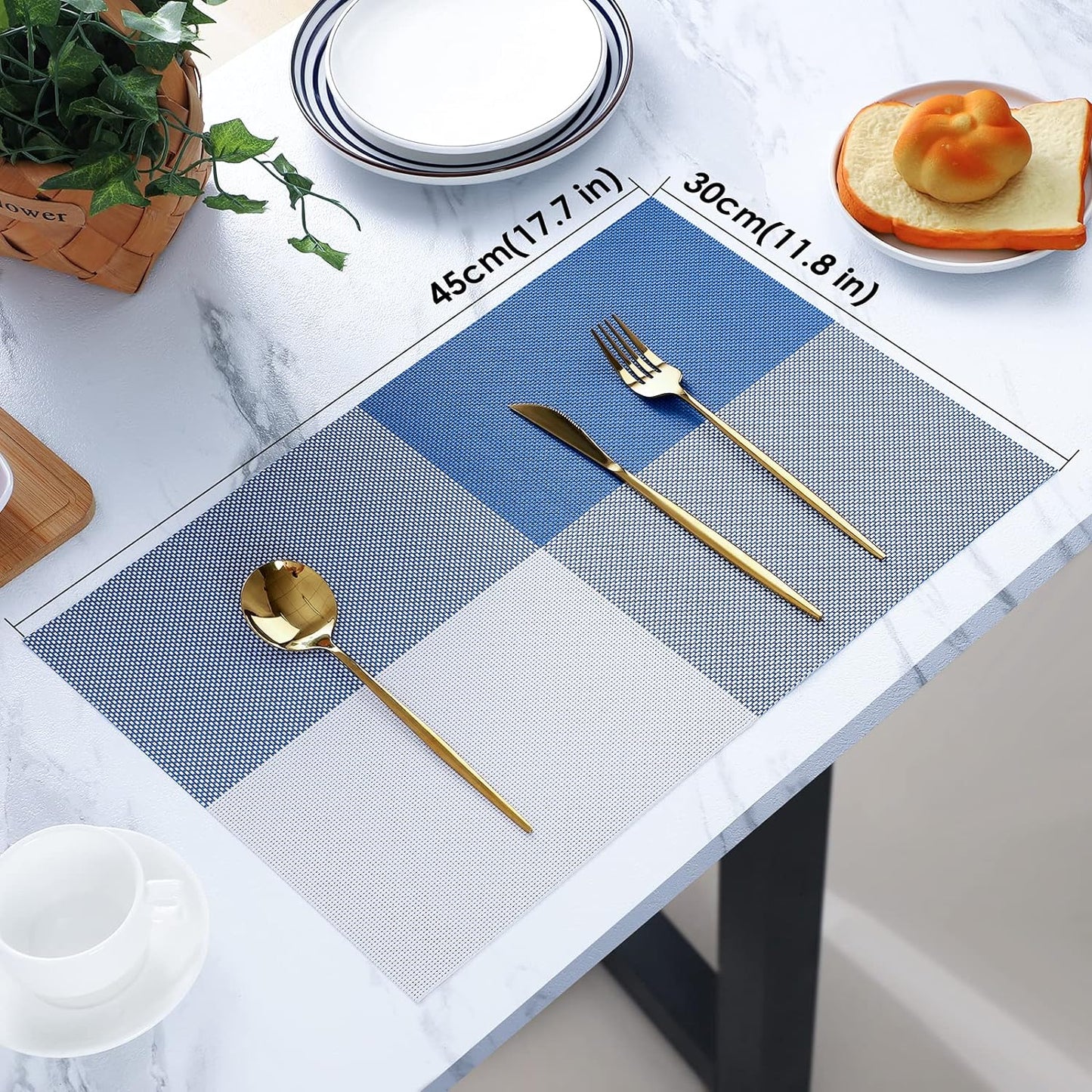 PVC Table Place Mats-Blue Check Table Mats Apricot   