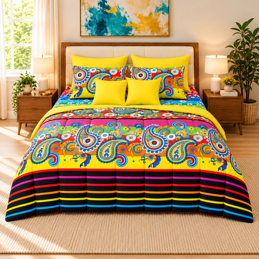 8 PCs Winter Comforter Set-Multi Flowers(Yellow Reverse) Comforters Apricot