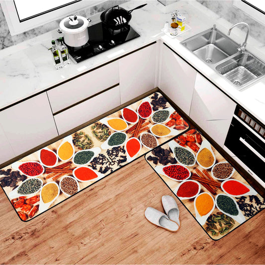 Premium Padded Anti slip Kitchen Mat Set-Spice and Spoons Rugs Apricot   