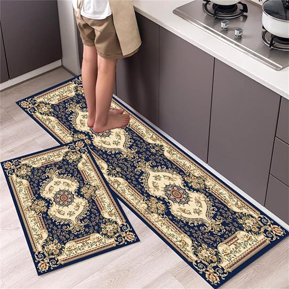 Premium Padded Anti slip Kitchen Mat Set-Turkish Pattern Rugs Apricot   