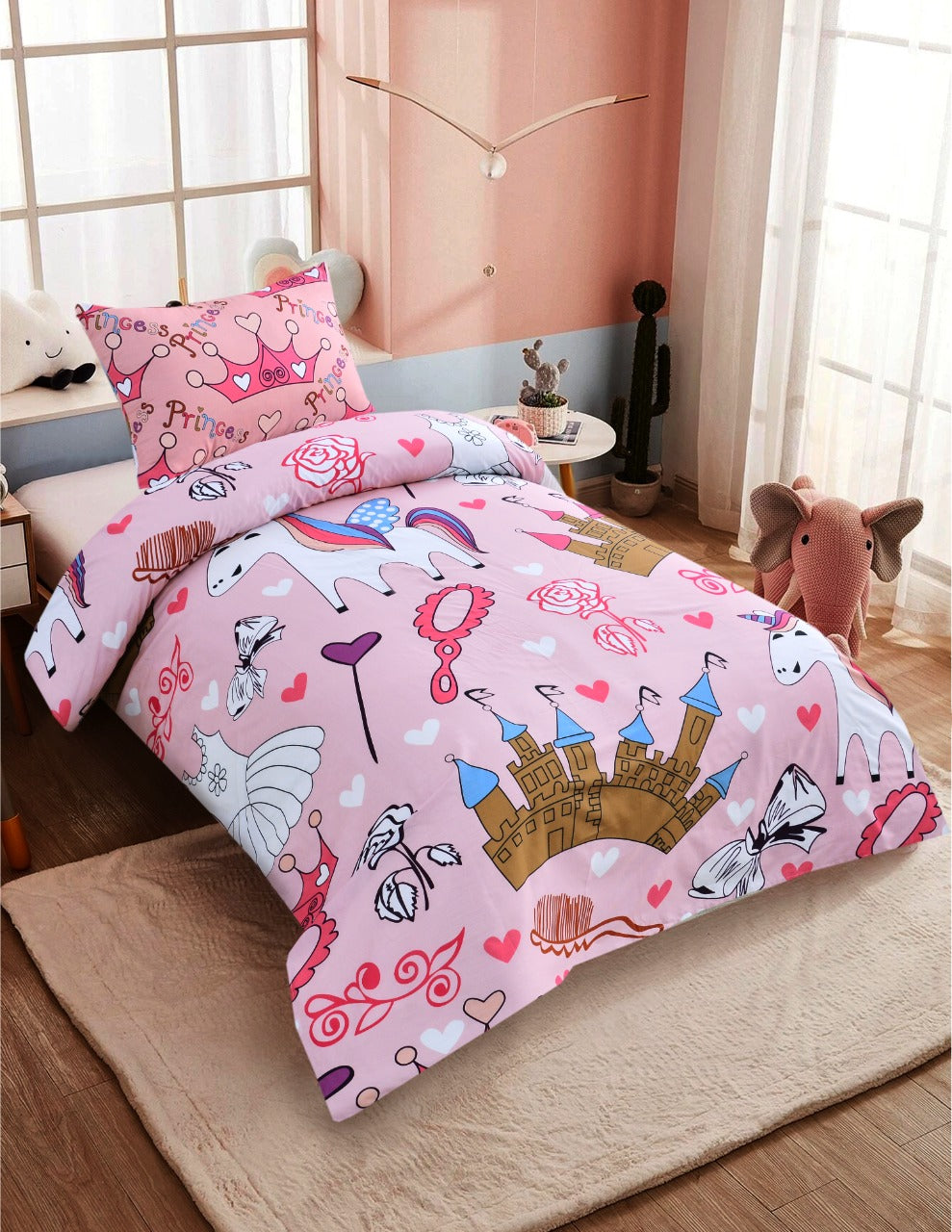 2Pcs Digital Printed Single Bed Sheet- Disney World single bed sheet Apricot