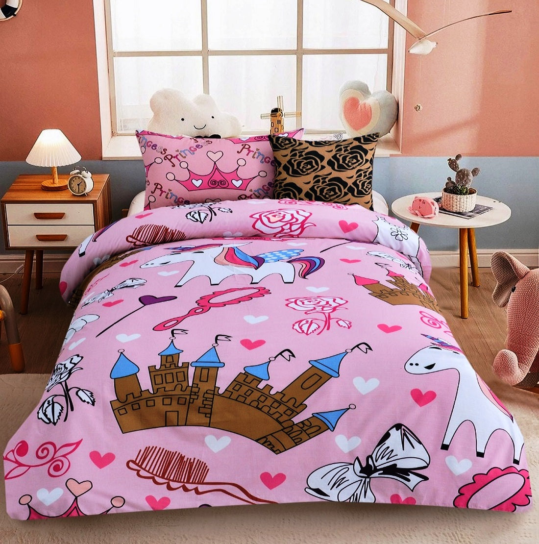 2Pcs Digital Printed Single Bed Sheet- Disney World single bed sheet Apricot