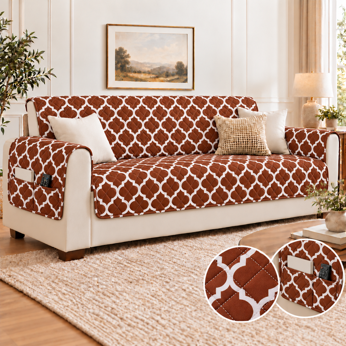 Ultrasonic Sofa Cover-Brown Geometric With Pockets Sofa Cover Apricot