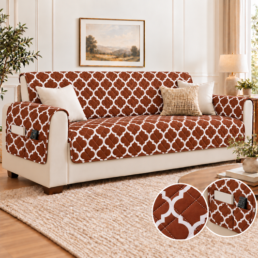 Ultrasonic Sofa Cover-Brown Geometric With Pockets Sofa Cover Apricot