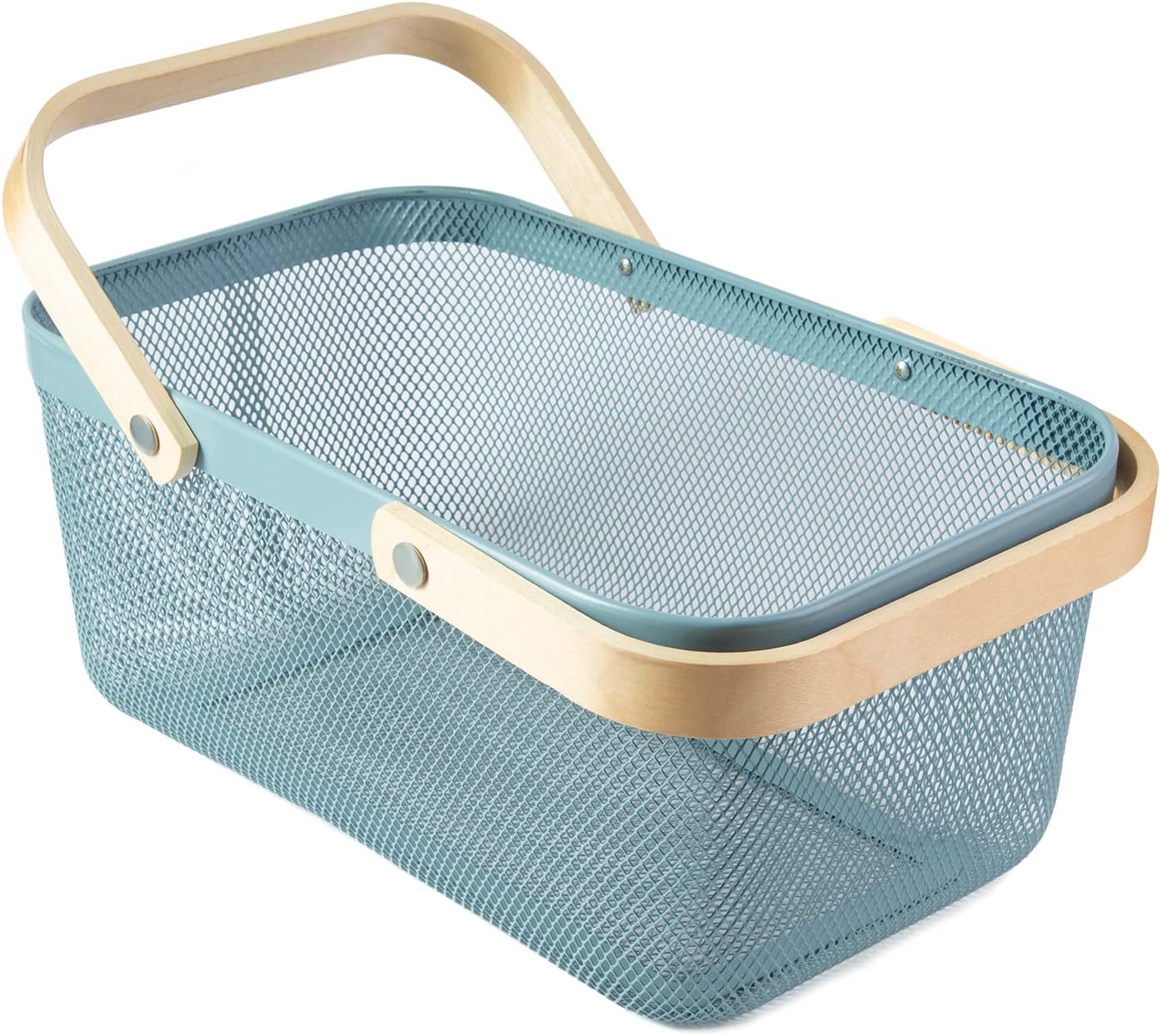 Rectangular Mesh Basket With Double Wooden Handle- Blue Fruit Baskets Apricot   