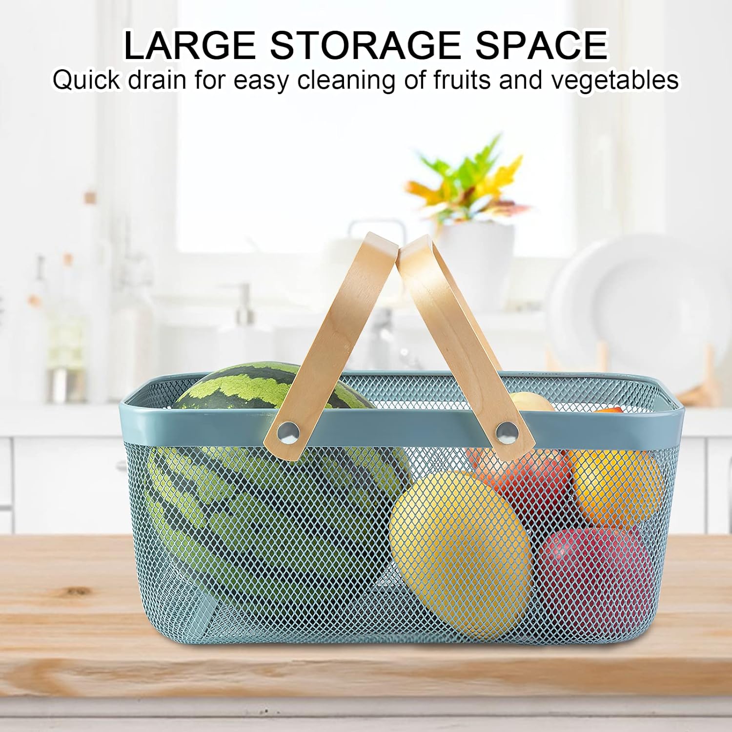 Rectangular Mesh Basket With Double Wooden Handle- Blue Fruit Baskets Apricot   