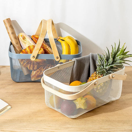 Rectangular Mesh Basket With Double Wooden Handle- Blue Fruit Baskets Apricot   